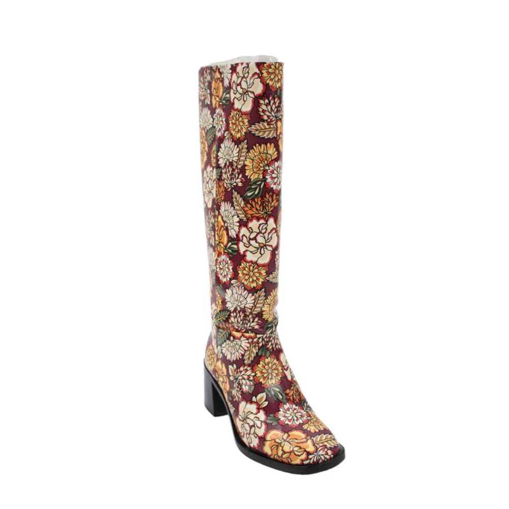 Larroude Womens Slip On Block Heel Floral Coated Canvas Boots Red Size 7